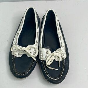 Sebago navy blue and white leather boat shoes